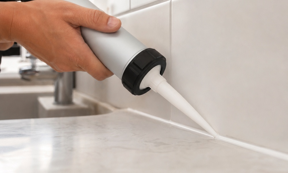 Applicazione di silicone sigillante bianco tra il piano di lavoro e le piastrelle della parete in cucina.