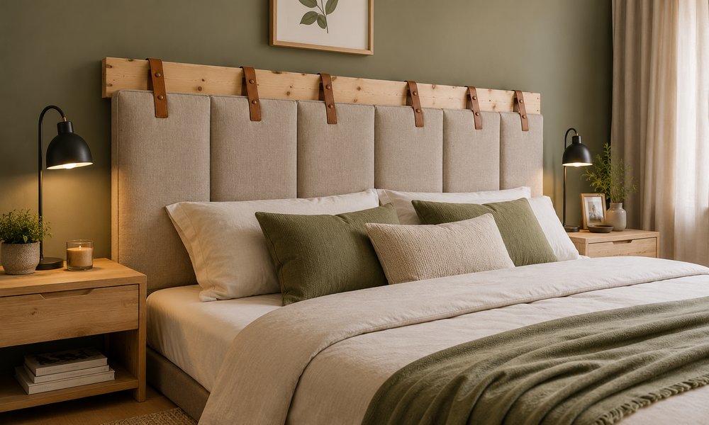Testiera letto fai da te imbottita in tessuto con struttura in legno in una camera da letto matrimoniale moderna, esempio di soluzione personalizzata per valorizzare la zona notte.