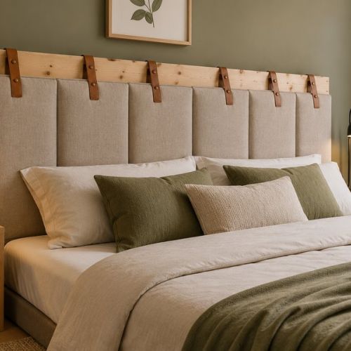Testiera letto fai da te imbottita in tessuto con struttura in legno in una camera da letto matrimoniale moderna, esempio di soluzione personalizzata per valorizzare la zona notte.