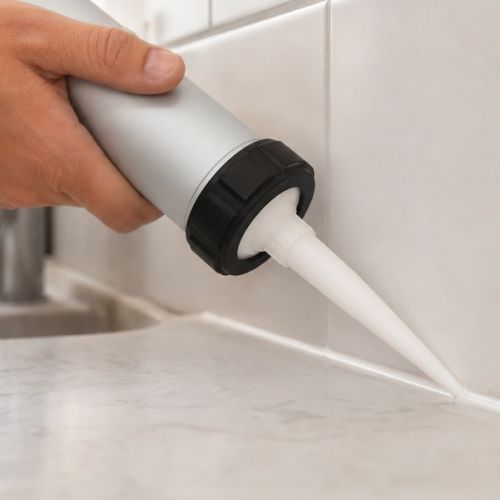 Applicazione di silicone sigillante bianco tra il piano di lavoro e le piastrelle della parete in cucina.